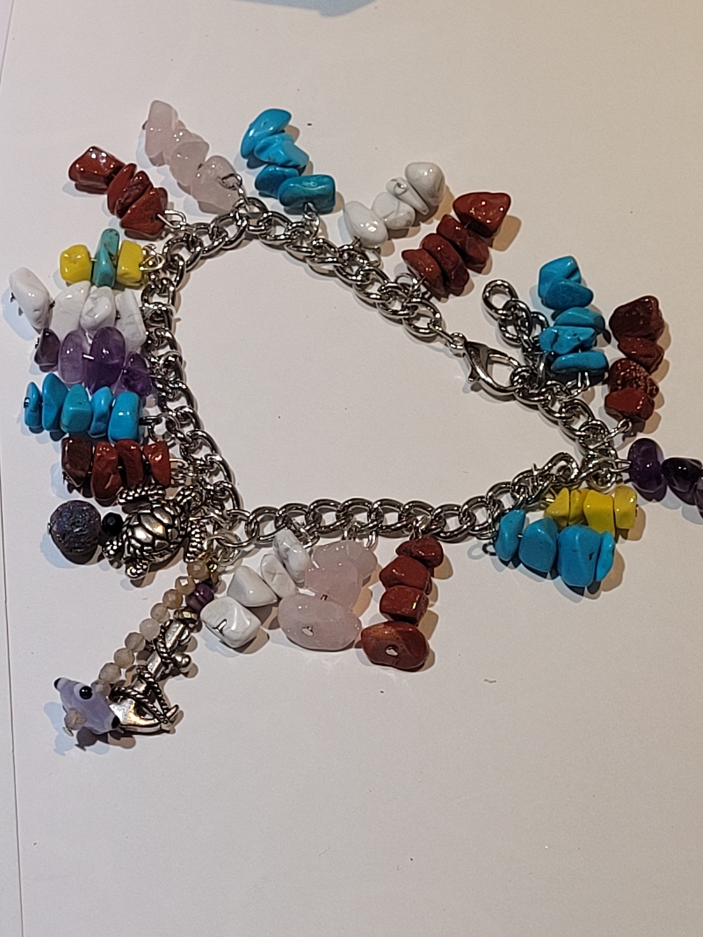 Multicolor Stone Charm Bracelet — Silver Plated Turtle And Anchor